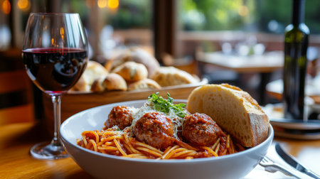 A vibrant Italian restaurant table setting featuring a bowl of spaghetti with meatballs, fresh bread, and a glass of red wine, creating an inviting dining atmosphere.の素材