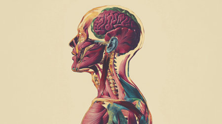 An artistic representation of the human silhouette filled with colorful illustrations of muscles and bones, highlighting the complexity of human anatomy.の素材