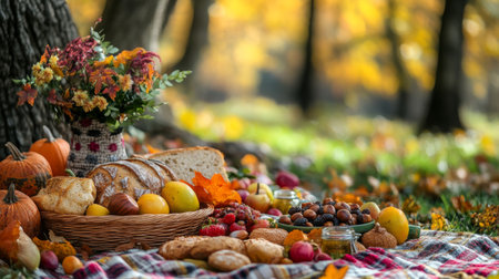 A vibrant autumn picnic setup featuring roasted chestnuts, bread, and fruits on a colorful blanket, surrounded by trees with changing leaves, creating a joyful atmosphere.の素材