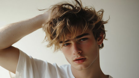 A young man running his fingers through his messy, tousled hairstyle, giving a relaxed, effortlessly stylish appearance.の素材