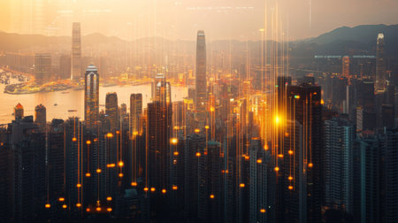 A visually striking image of a gold chart overlaying a city skyline, symbolizing the connection between financial markets and urban economic growth.の素材