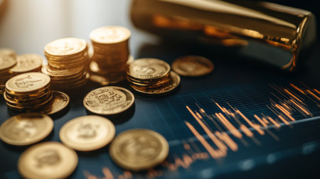 An elegant flat lay of a gold bar, coins, and a financial chart depicting gold price trends, symbolizing investment opportunities and wealth accumulation.の素材