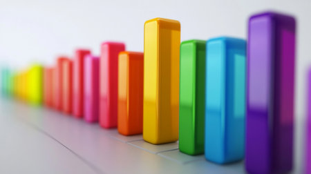 A vibrant 3D bar chart with rainbow-colored bars, each one labeled with clear data, set against a simple white background for an eye-catching presentation.の素材