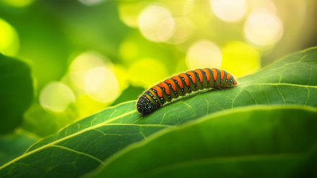 A whimsical shot of a caterpillar crawling on a vibrant green leaf, with blurred background foliage, emphasizing the life cycle and transformation of butterflies.の素材