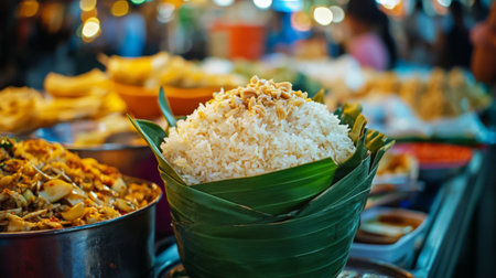 A warm image of jasmine rice served in a banana leaf cup at a festive Thai market, surrounded by colorful dishes, capturing the essence of Thai street food cultureの素材