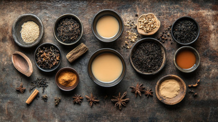 An artistic flat lay of Chaa Chak ingredients, including tea leaves, condensed milk, and spices, arranged on a rustic surface, showcasing the components of this beloved drink.の素材