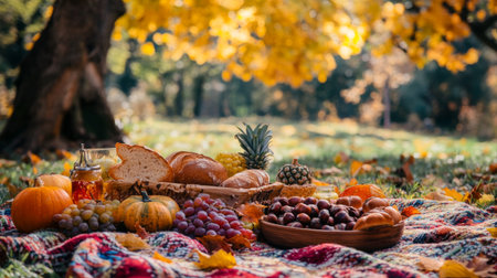 A vibrant autumn picnic setup featuring roasted chestnuts, bread, and fruits on a colorful blanket, surrounded by trees with changing leaves, creating a joyful atmosphere.の素材