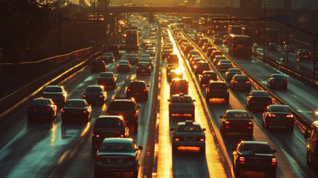 A vibrant scene of a carpool lane filled with vehicles during the morning commute, emphasizing the importance of sustainable transport solutions on busy expressways.の素材
