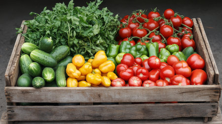 A vibrant assortment of homegrown vegetables, including tomatoes, bell peppers, and cucumbers, neatly arranged in a rustic wooden crate.の素材