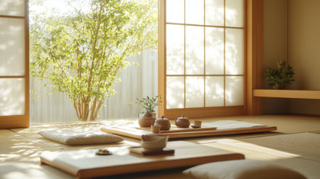 An inviting interior shot of a Japanese living room featuring tatami mats, low wooden furniture, and a simple yet elegant tea set, embodying minimalistic elegance.の素材