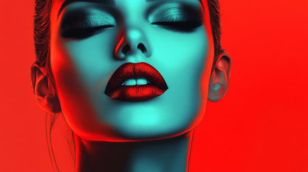 An artistic portrait of a woman adorned with elegant makeup, showcasing bold lips and striking eye shadow, set against a minimalist background to emphasize her features.の素材
