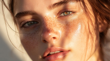 A young woman with clear skin and bright eyes, her face illuminated by soft sunlight, showcasing a fresh and natural look with no visible makeupの素材