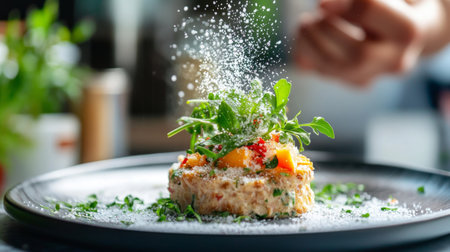 An inviting shot of a beautifully plated dish seasoned with a sprinkle of salt, garnished with fresh herbs, showcasing the final touch that elevates home-cooked meals.の素材