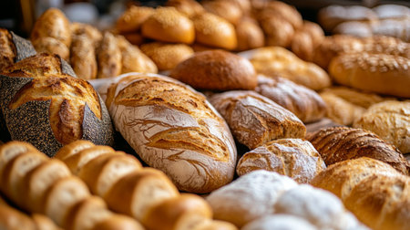 A vibrant scene of a bakery display filled with various types of bread, including baguettes, sourdough, and pastries, inviting customers to indulge in freshly baked goods.の素材