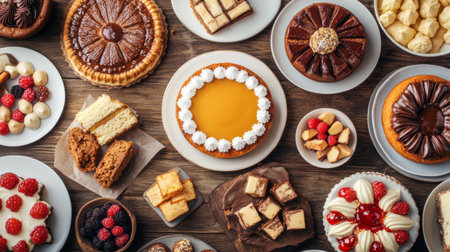 A vibrant flat lay of popular desserts made with condensed milk, including cakes, puddings, and sweet treats, beautifully arranged on a rustic wooden table.の素材