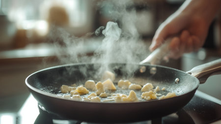 An inviting shot of a hot skillet with melted butter and garlic sizzling, perfect for preparing delicious dishes, set against a bright kitchen backdrop.の素材