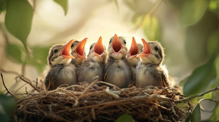 An adorable shot of a group of baby birds huddled together in a nest, with their tiny beaks open wide, symbolizing the early stages of life and family bonds.の素材