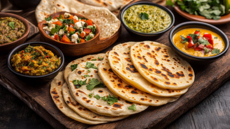 An artistic representation of different types of roti, including whole wheat, stuffed, and flavored varieties, arranged on a rustic wooden board, showcasing diversity in preparation.の素材