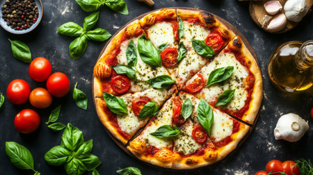 A vibrant flat lay of a classic Italian pizza, featuring a crispy crust, melted mozzarella, fresh tomatoes, and basil leaves, surrounded by ingredients for a perfect pizza nightの素材