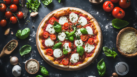 A vibrant flat lay of a classic Italian pizza, featuring a crispy crust, melted mozzarella, fresh tomatoes, and basil leaves, surrounded by ingredients for a perfect pizza nightの素材