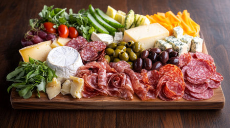 A vibrant antipasto platter featuring a variety of Italian cheeses, cured meats, olives, and fresh vegetables, arranged beautifully on a wooden board.の素材