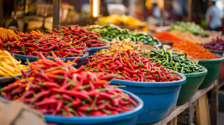 A vibrant market stall overflowing with different types of chili peppers, from mild to fiery hot, attracting food lovers with its colorful display of spices.の素材