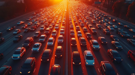 An aerial view of a highway jammed with vehicles, with brake lights glowing red against the backdrop of a setting sun, capturing the frustration of traffic delays.の素材