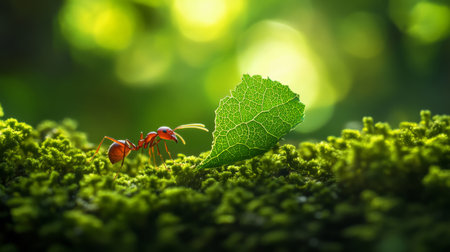 An intriguing shot of a leafcutter ant carrying a piece of leaf, with its tiny body contrasting against the lush green foliage, illustrating the industrious nature of insectsの素材