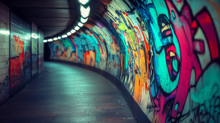 An artistic perspective of the long, curved walls of a subway tunnel, featuring graffiti art and vibrant colors, showcasing urban creativity and culture.の素材