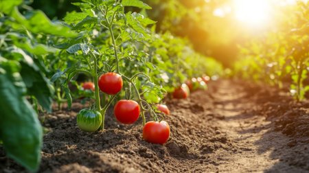 A vibrant vegetable garden bursting with color, showcasing rows of fresh tomatoes, cucumbers, and bell peppers under the warm sunlight, emphasizing the beauty of homegrown produce.の素材