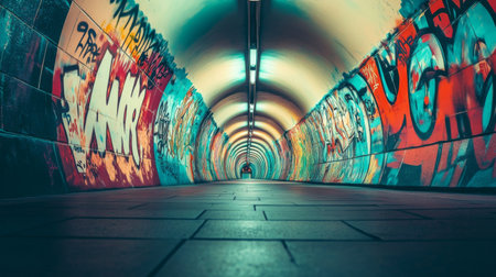 An artistic perspective of the long, curved walls of a subway tunnel, featuring graffiti art and vibrant colors, showcasing urban creativity and culture.の素材
