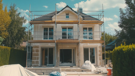 An outdoor scene of a house being painted, with scaffolding set up, showcasing the process of home improvement and the transformation of exterior spaces.の素材