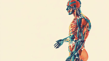 An artistic representation of the human silhouette filled with colorful illustrations of muscles and bones, highlighting the complexity of human anatomy.の素材