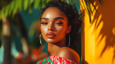 A vibrant scene of a woman posing confidently after finishing her makeup, with her hair styled beautifully, in a bright and colorful outdoor setting.の素材
