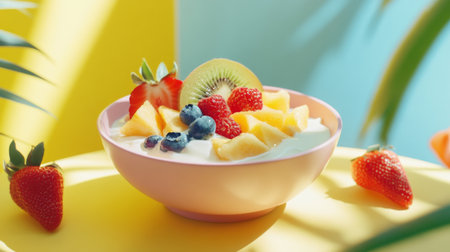 An inviting image of a bowl filled with fresh fruit drizzled with condensed milk, set on a bright table, showcasing a refreshing and indulgent summer treat.の素材