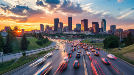 An artistic shot of a city skyline with a busy freeway in the foreground, illustrating the relationship between urban development and traffic congestionの素材