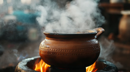 An atmospheric image of a traditional clay pot simmering over an open flame, with steam rising and aromatic spices filling the air, evoking a sense of home-cooked warmthの素材