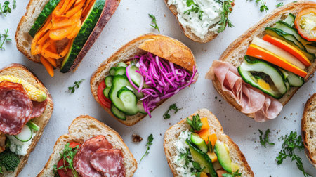 An artistic flat lay of different types of sandwiches made with fresh bread, filled with colorful ingredients like vegetables, meats, and cheeses, perfect for lunch inspiration.の素材