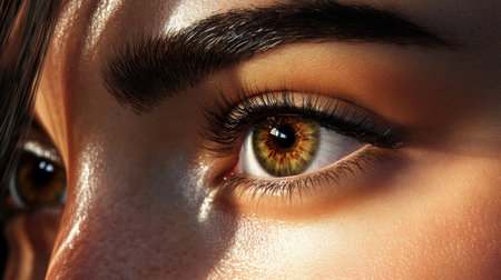Extreme close-up of a woman's hazel eyes, showcasing the intricate details of her irises, with a soft glow in the surrounding skin and perfectly arched brows.の素材