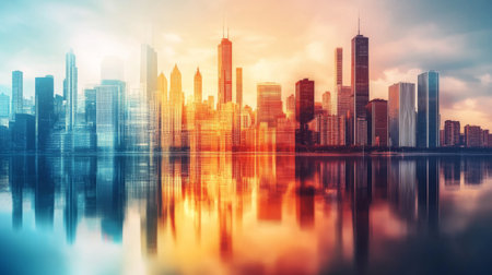 A vibrant photo of a city skyline with financial district buildings, symbolizing the connection between urban development and business growth, perfect for corporate brandingの素材