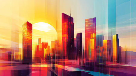 An artistic representation of a city skyline in a modern graphic style, featuring bold lines and geometric shapes against a bright background, capturing urban creativityの素材