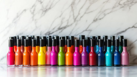 A vibrant display of various nail polish bottles in a rainbow of colors, arranged artistically on a marble countertop, highlighting the beauty of nail art and creativityの素材