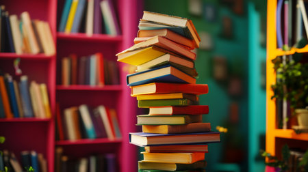 A whimsical image of a stack of books teetering precariously on a colorful bookshelf, showcasing a love for literature in a vibrant and playful way.の素材