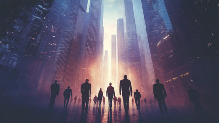 An inspiring image of a group of business professionals walking towards a cluster of skyscrapers, symbolizing ambition and the fast-paced corporate environment.の素材