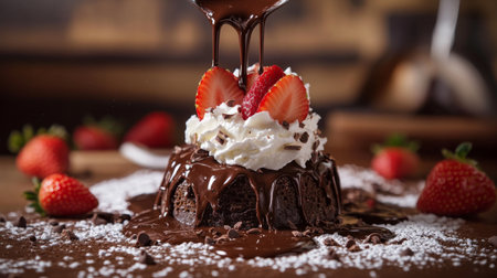 A vibrant scene of melted chocolate being drizzled over a delicious dessert, with fresh strawberries and whipped cream, showcasing the decadence of chocolate.の素材