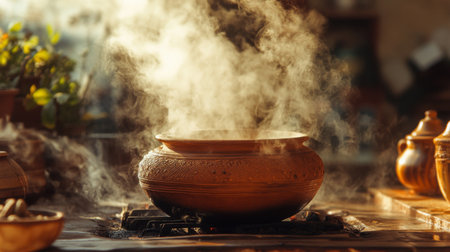 An atmospheric image of a traditional clay pot simmering over an open flame, with steam rising and aromatic spices filling the air, evoking a sense of home-cooked warmthの素材