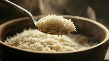 An artistic shot of a spoonful of cooked jasmine rice being lifted from a bowl, with grains glistening in the light, emphasizing the texture and quality of the riceの素材