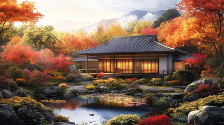 An artistic view of a Japanese house in the autumn, surrounded by colorful maple trees, capturing the seasonal beauty and serene atmosphere of traditional livingの素材