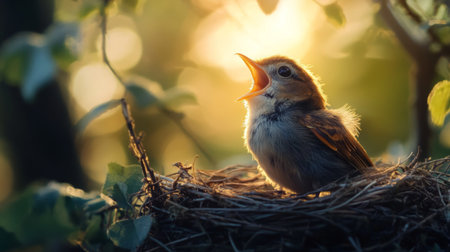 An enchanting shot of a baby bird chirping from its nest at dawn, with soft morning light illuminating its delicate features, evoking a sense of new beginnings.の素材
