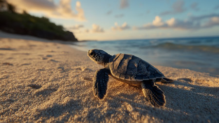 A wide-angle view of a sea turtle hatchling making its way from the nest to the ocean, with a focus on the tiny turtle against a sandy beach backdrop.の素材